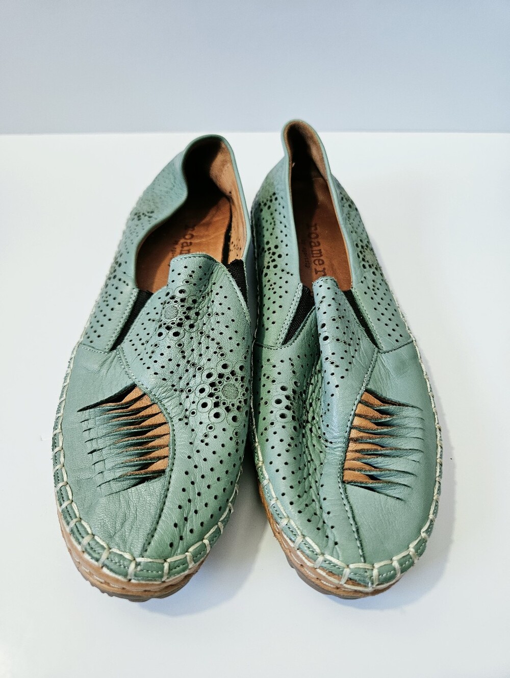 Roamers by Ego Trip Atzi Leather Loafers Size 39 US 8 Green Cutout Detail Shoes